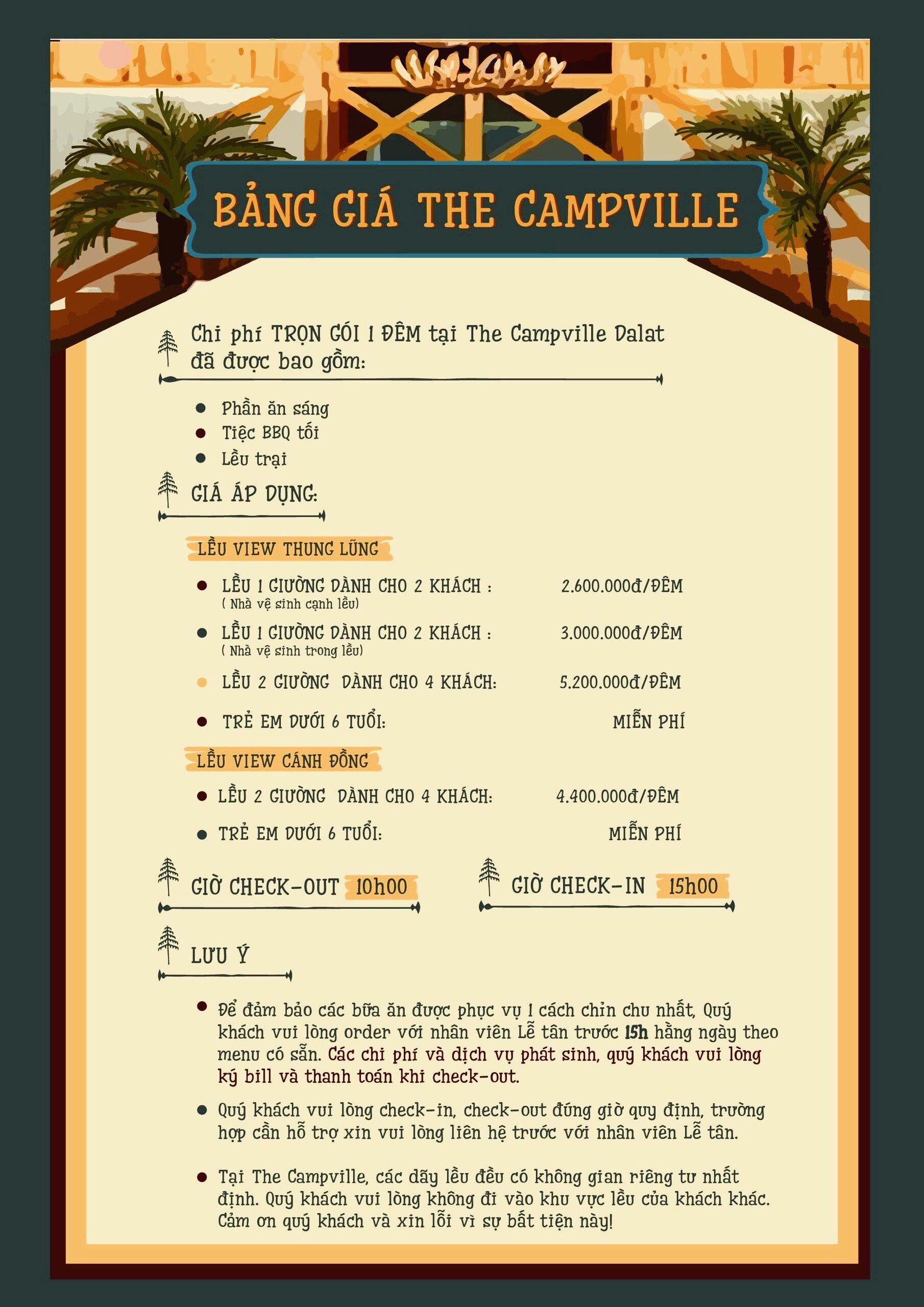 bảng giá dịch vụ lưu trú tại the campville 