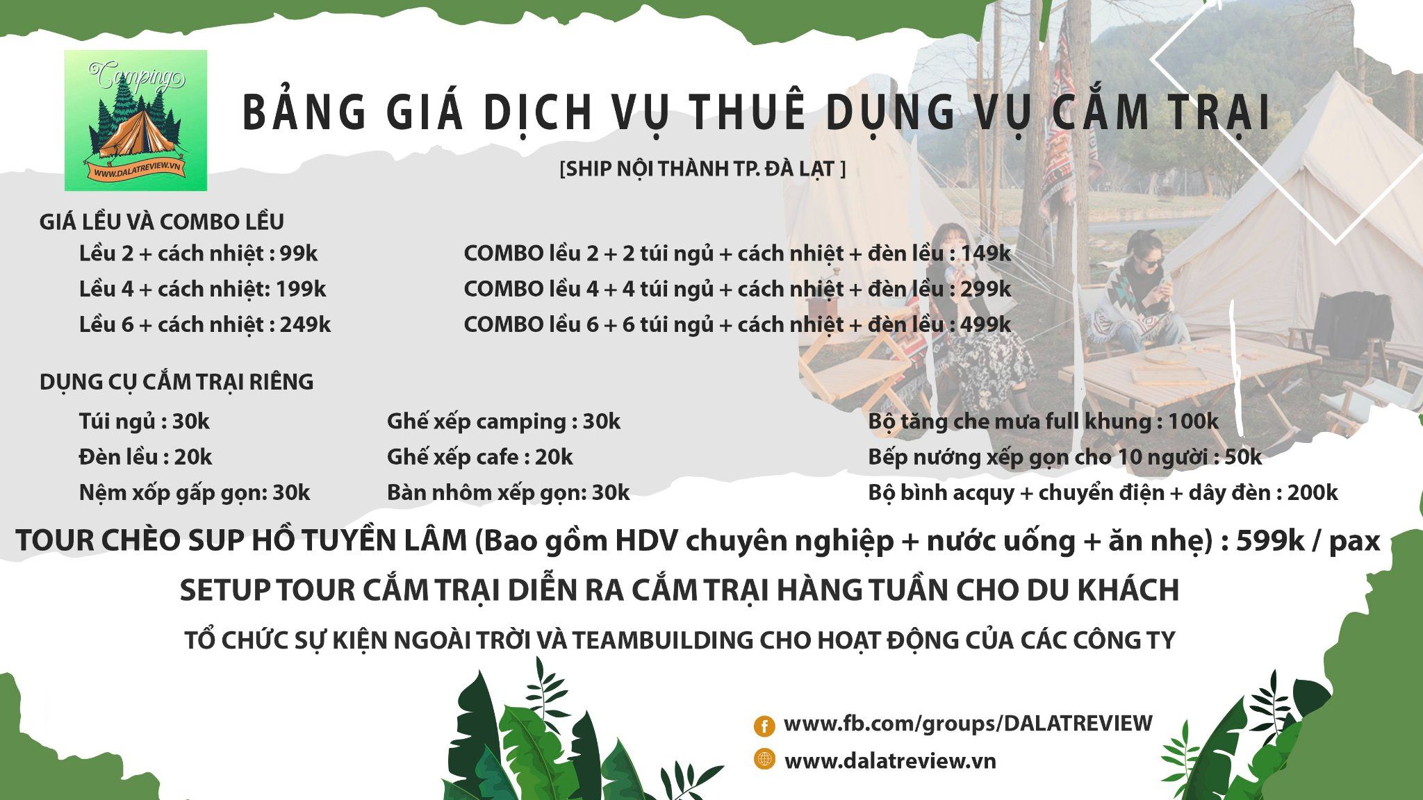 Bảng giá dịch vụ thuê dụng cụ cắm trại