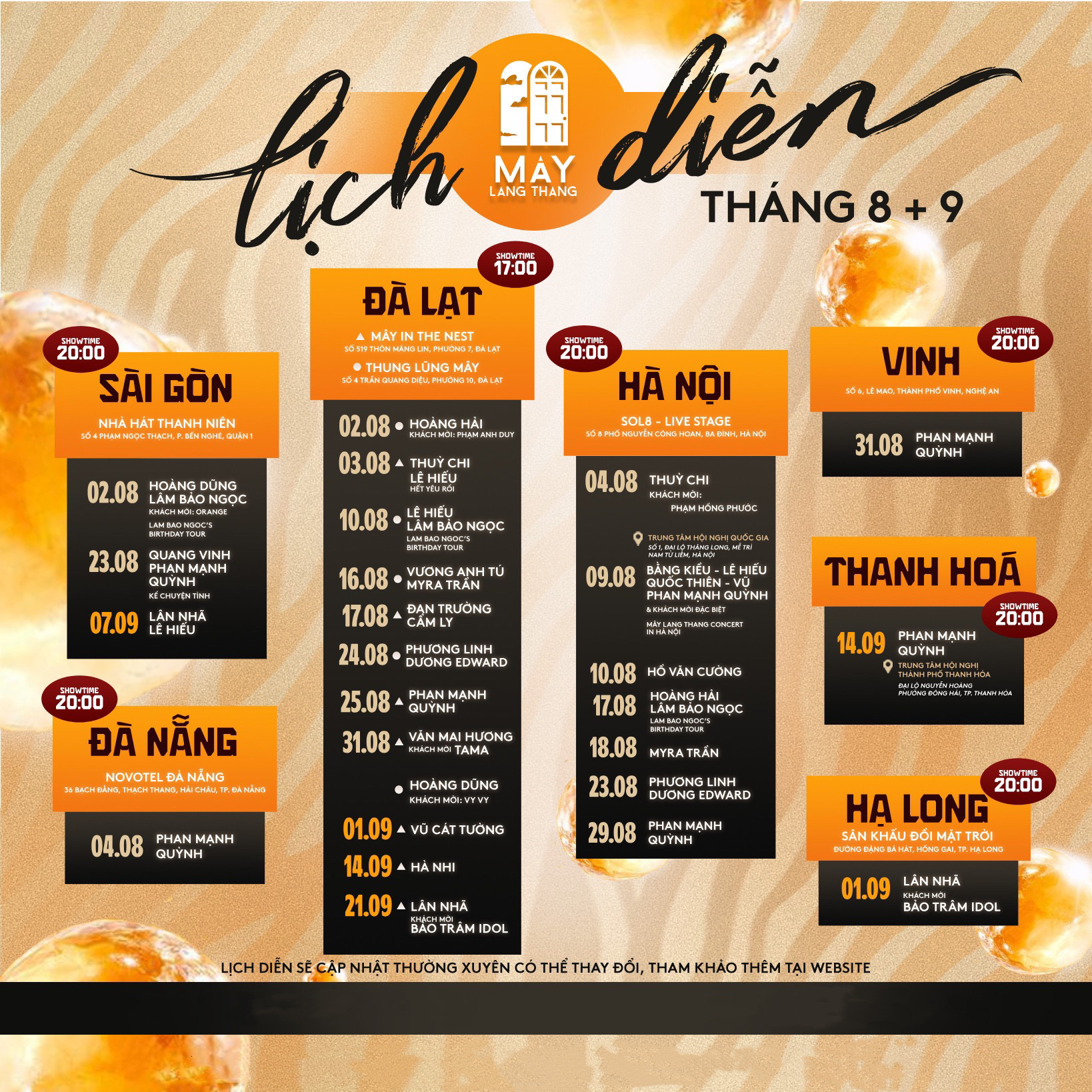 lịch diễn mây lang thang tháng 8