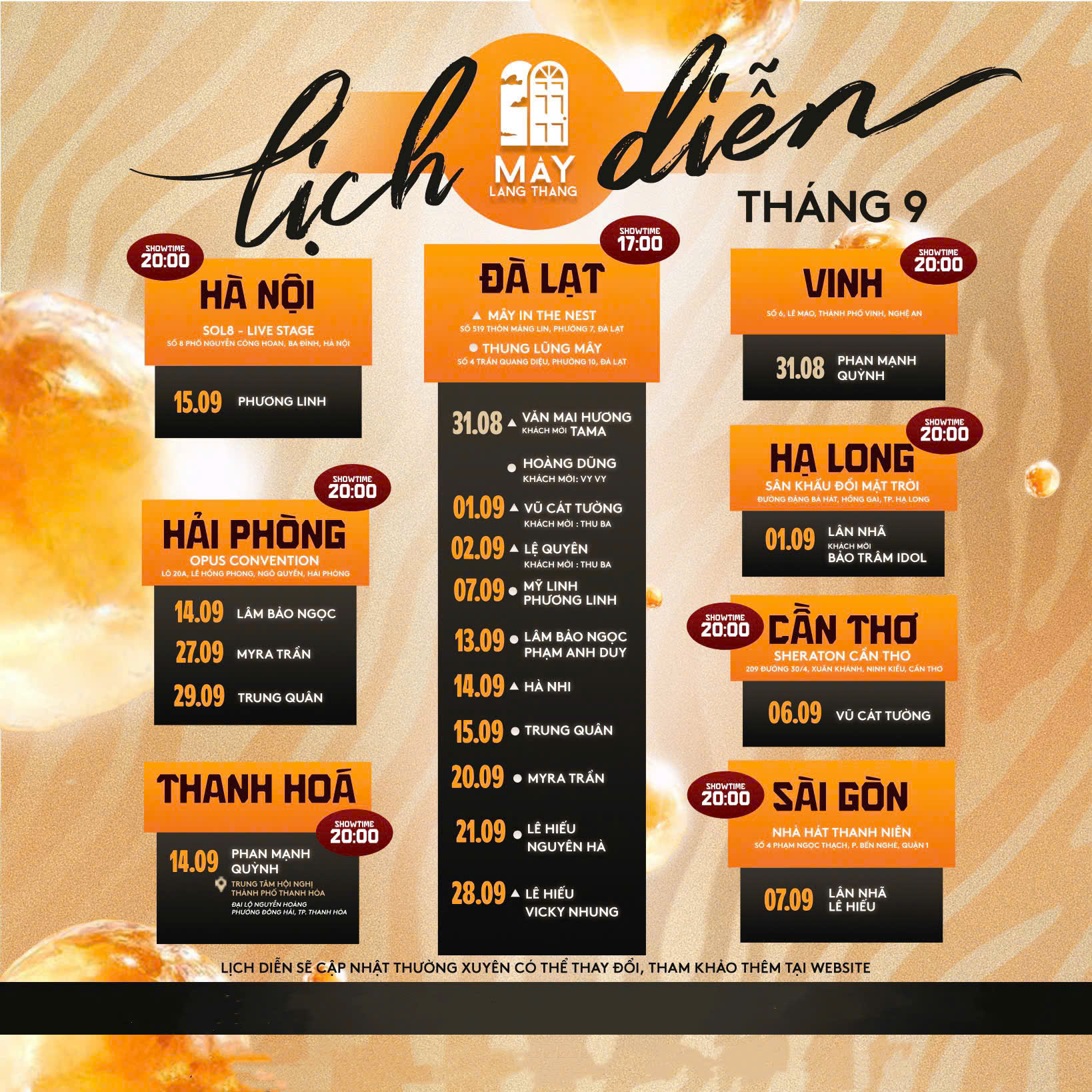 lịch diễn tháng 9 mây lang thang